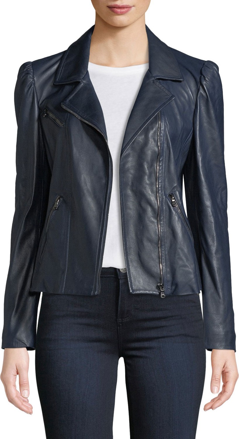 Rebecca Taylor Puff-Sleeve Leather Biker Jacket