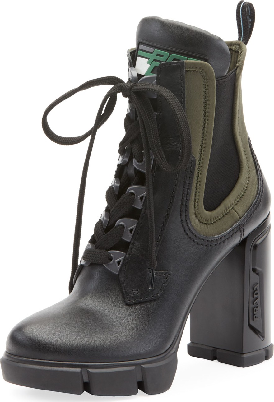 Prada Leather/Stretch Lace-Up Combat Booties