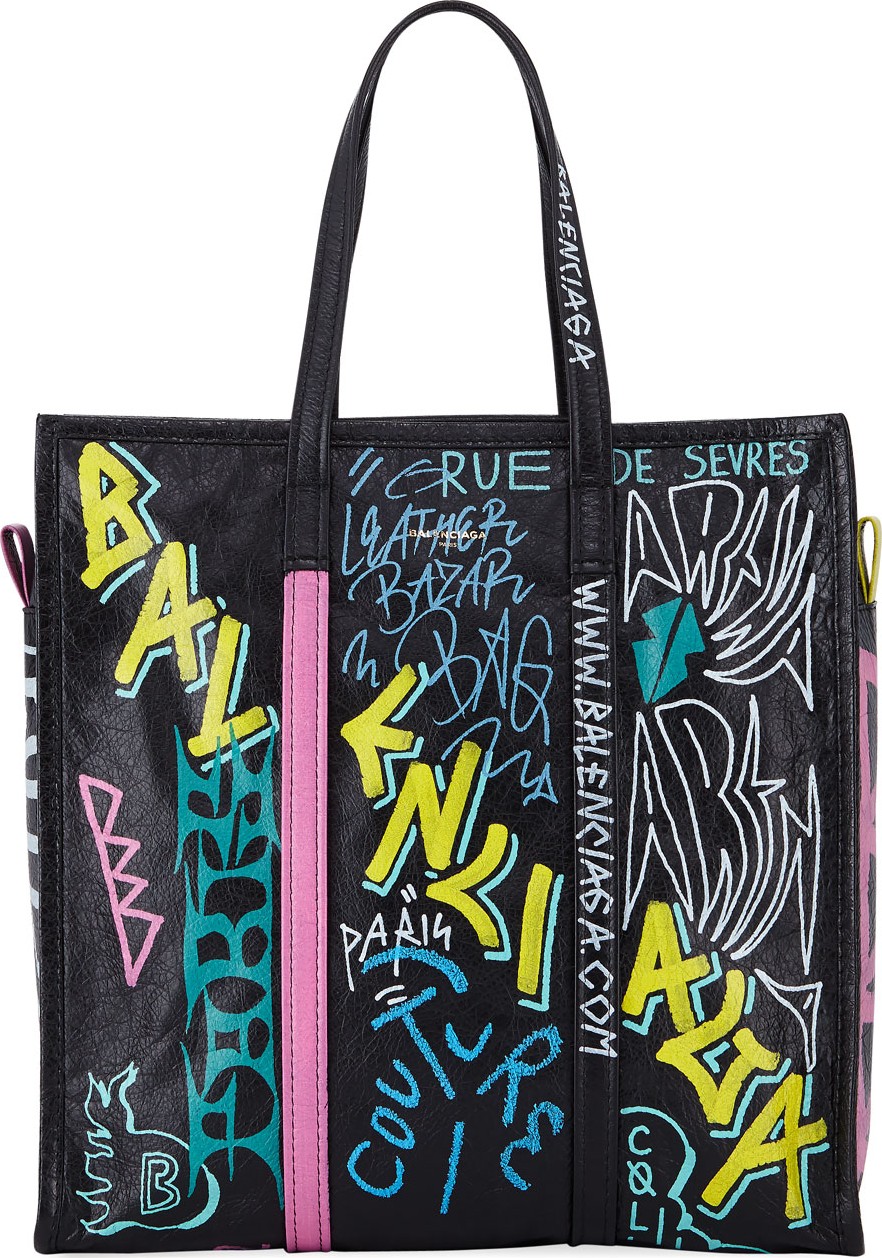 Balenciaga Bazar Medium Graffiti-Print Leather Shopper Tote Bag