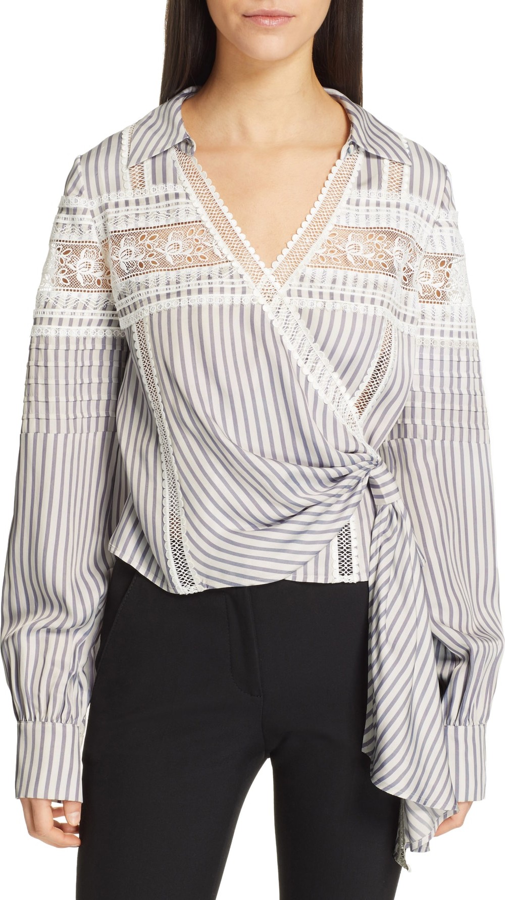 Self Portrait Lace Trim Stripe Wrap Top