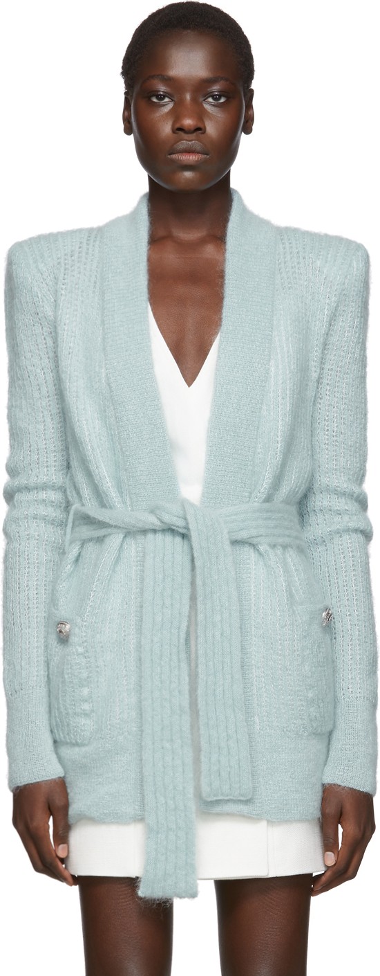 Balmain Blue Mohair Belted Cardigan