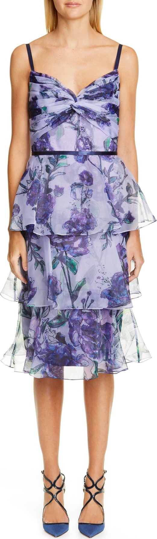 Marchesa Notte Floral Tiered Midi Dress