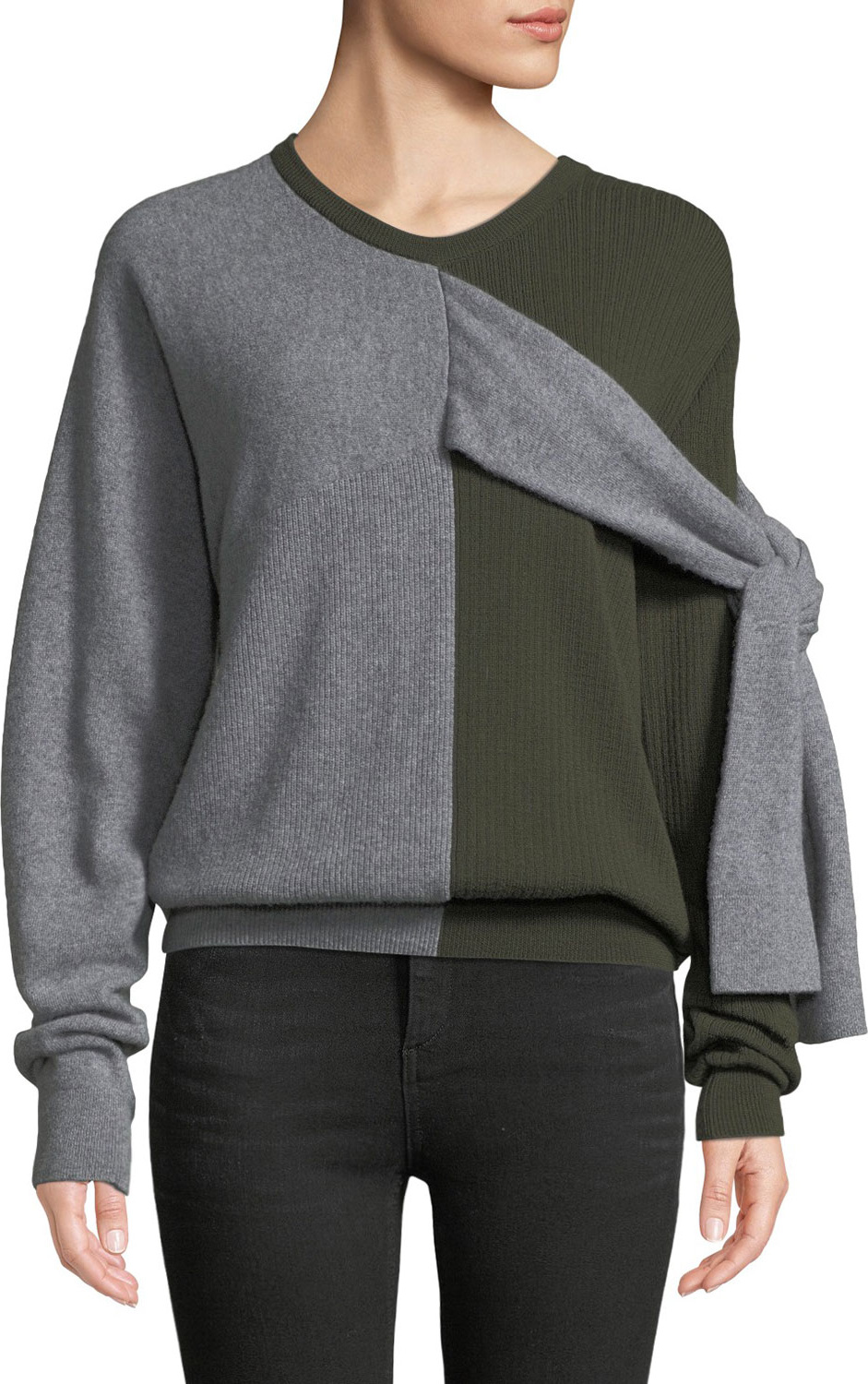 Carven Crewneck Split-Color Wool-Cashmere Sweater w/ Ties