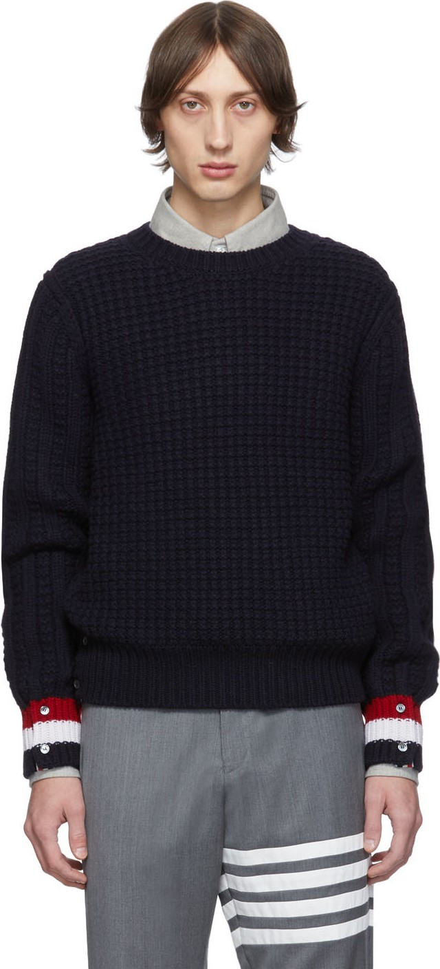 Thom Browne Navy Merino Wool Funmix Stitch Chunky Sweater