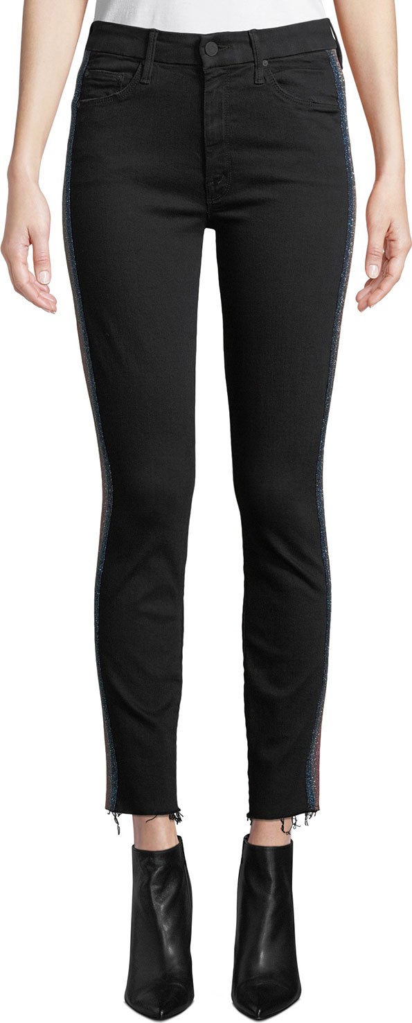 MOTHER Looker High-Waist Ankle Fray Skinny Jeans w/ Racing Stripes