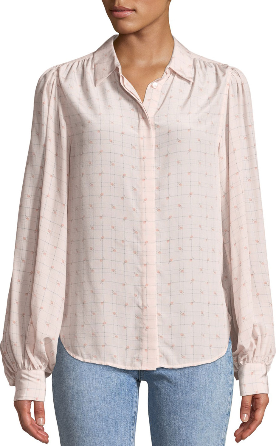 Equipment Marcilly Button-Front Floral-Print Grid-Check Blouse