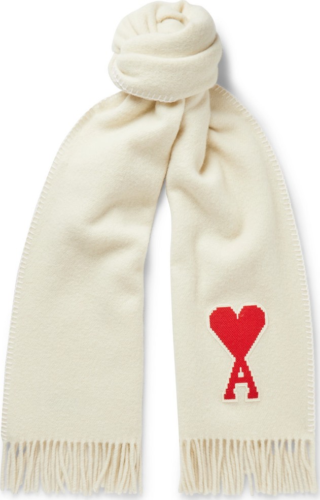 AMI Logo-Appliquéd Fringed Virgin Wool Scarf