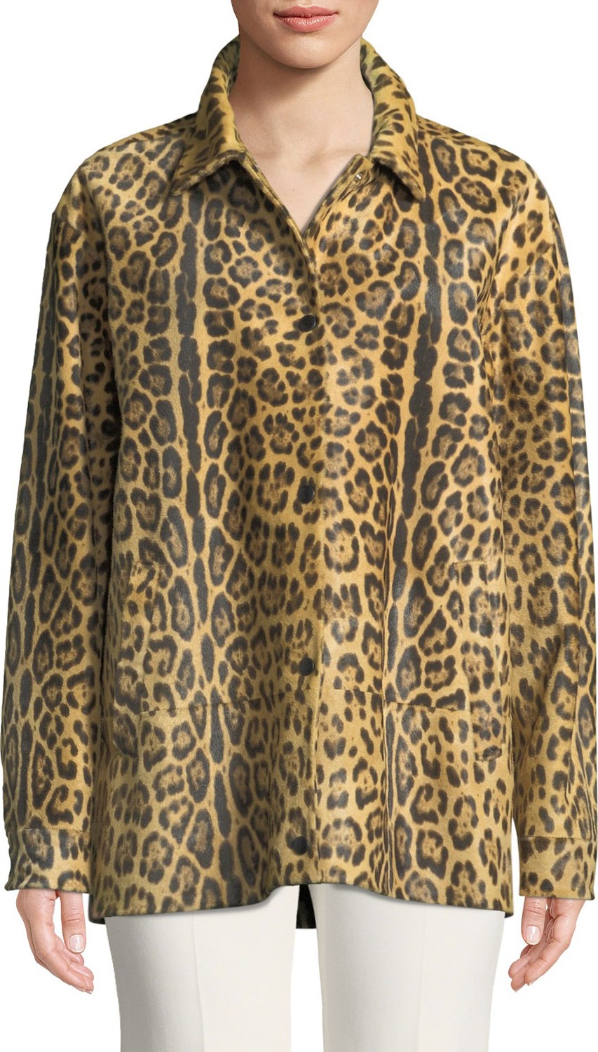 Valentino Leopard-Print Calf Hair Snap-Front Coat