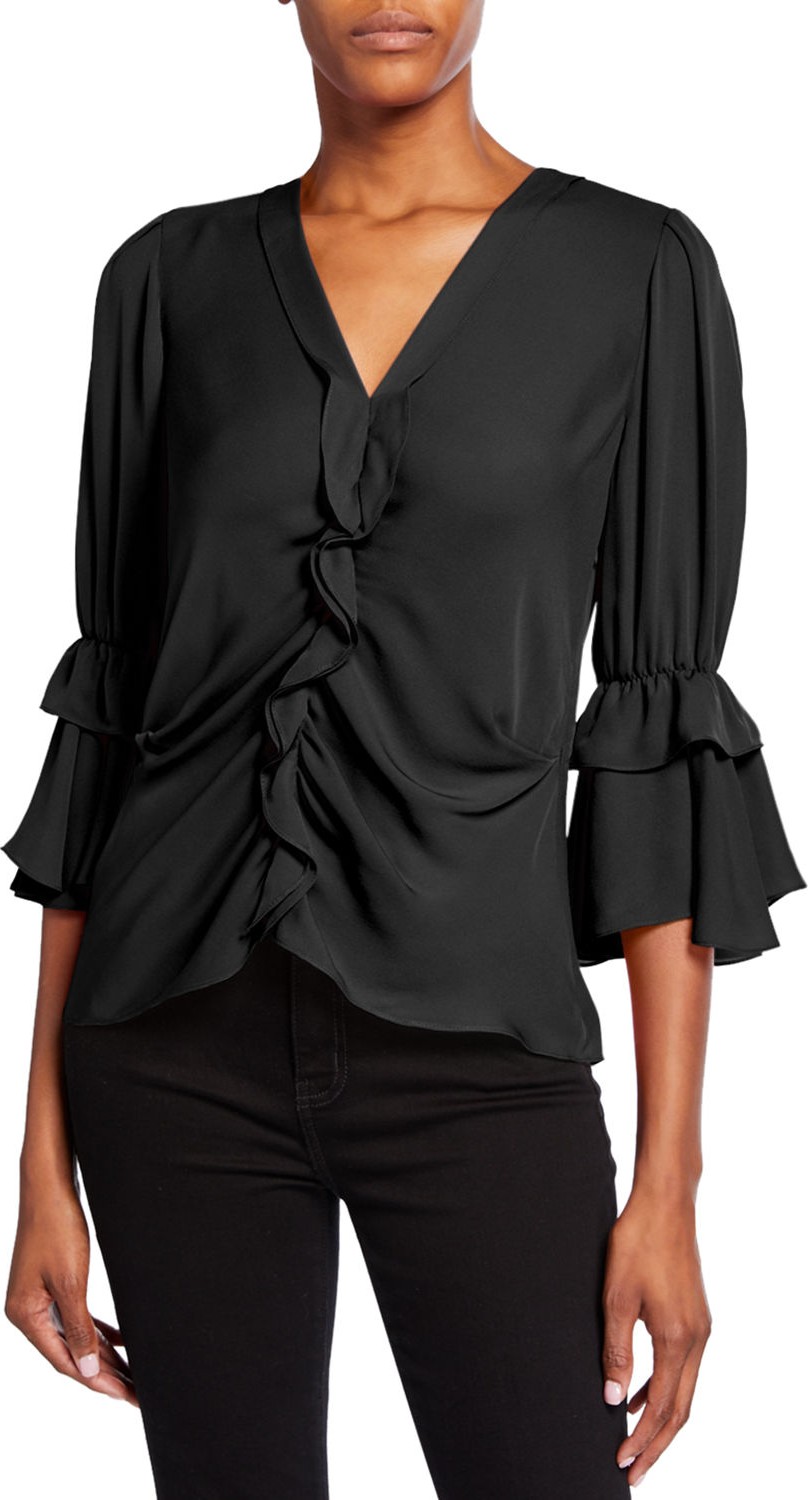 KOBI HALPERIN Demy V-Neck 3/4-Sleeve Silk Ruffle Blouse KOBI HALPERIN Demy V-Neck 3/4-Sleeve Silk Ruffle Blouse
