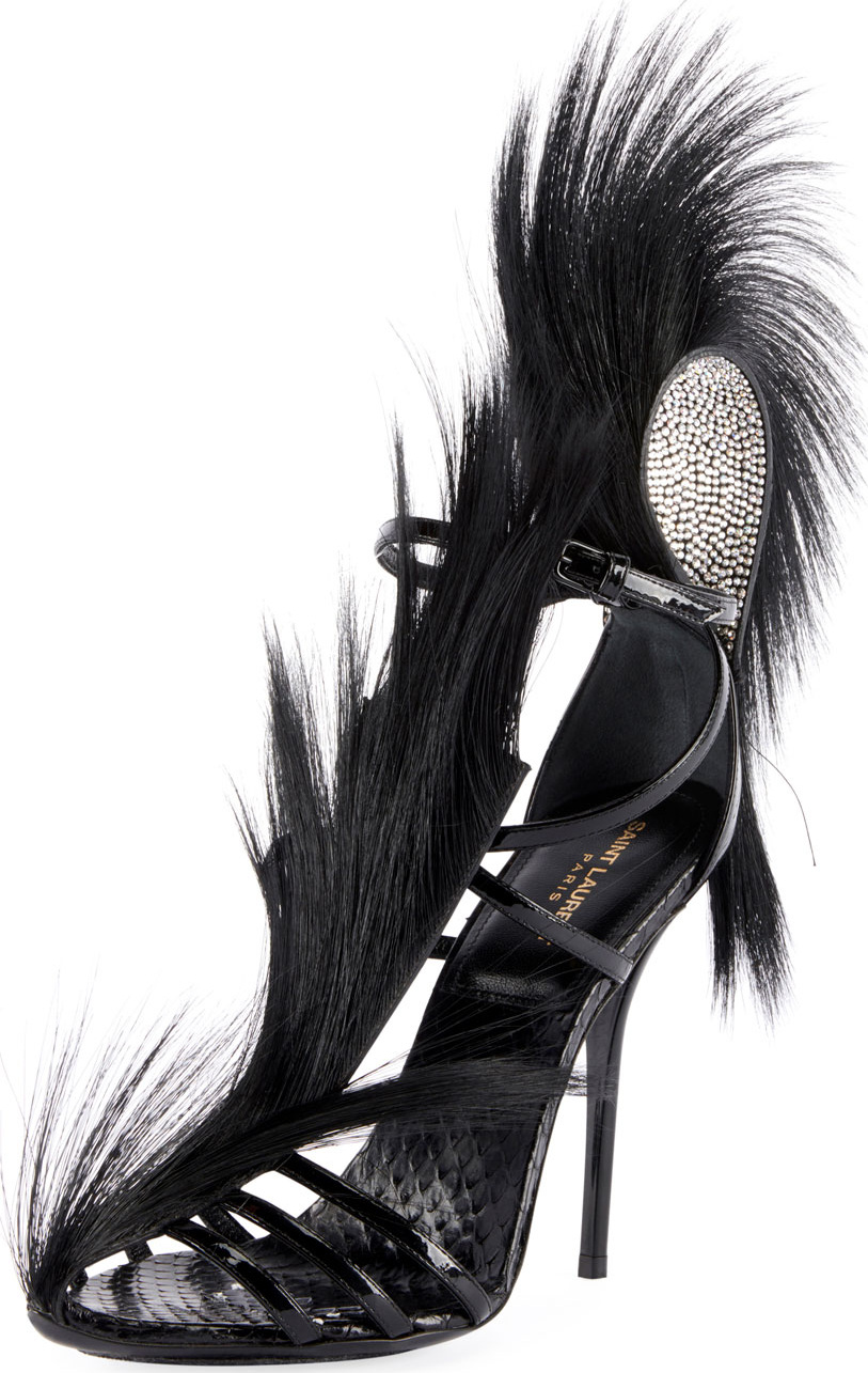 Saint Laurent Jamie Python Sandals with Fur