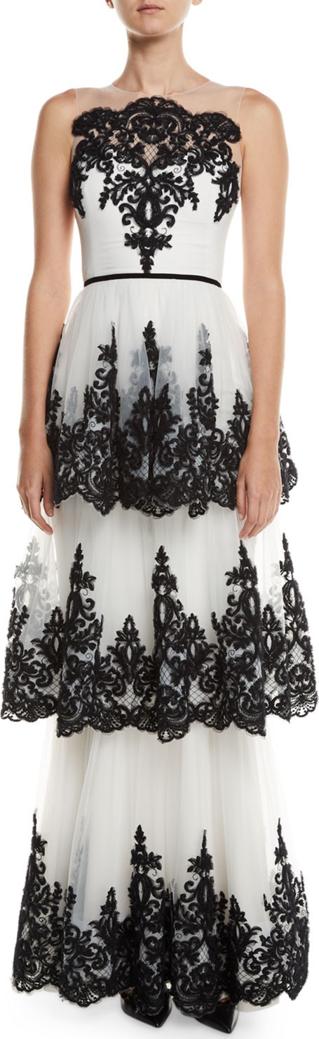 Marchesa Notte Embroidered 3-Tier Strapless Gown