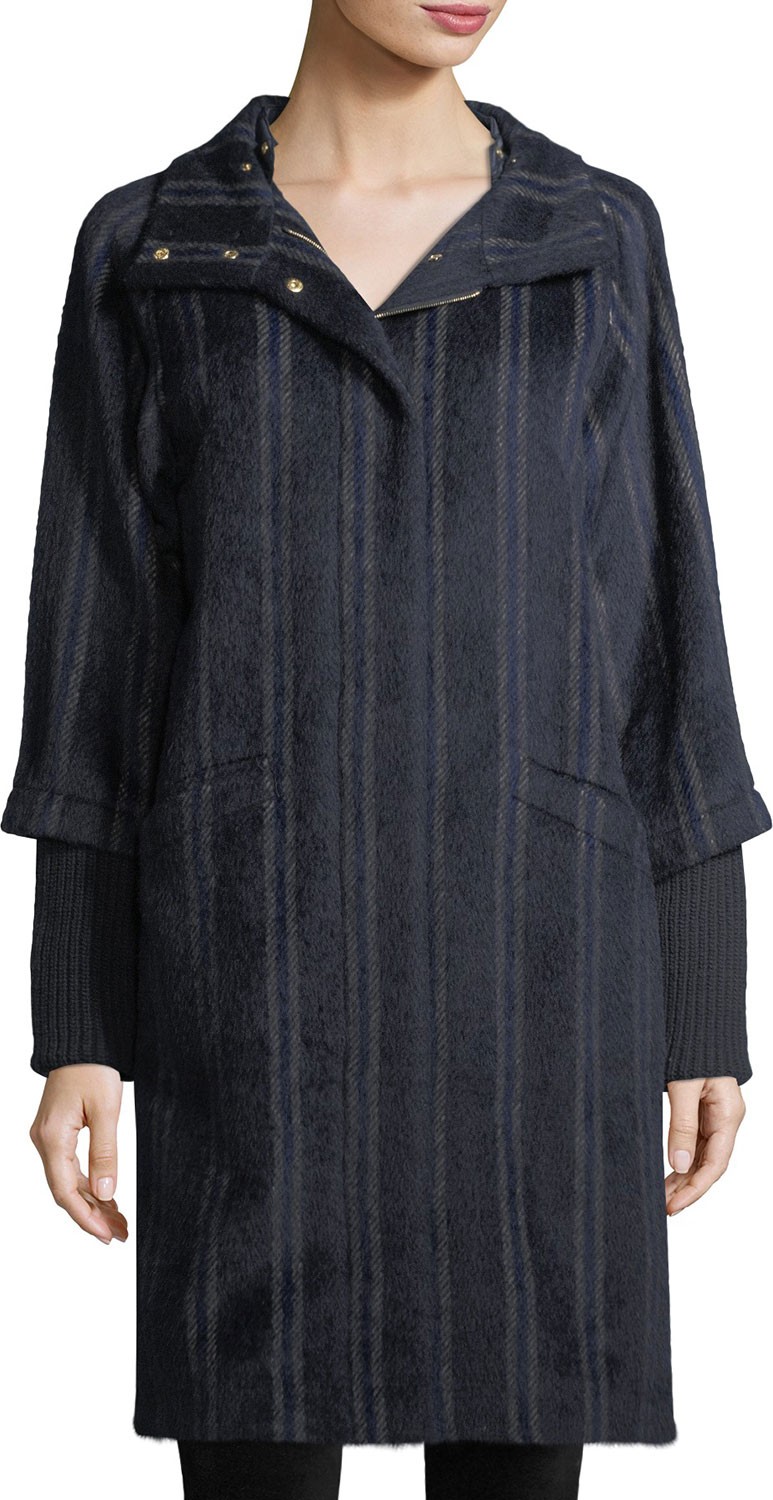 Bogner Wendy Mixed-Media Striped Hooded Alpaca-Blend Coat