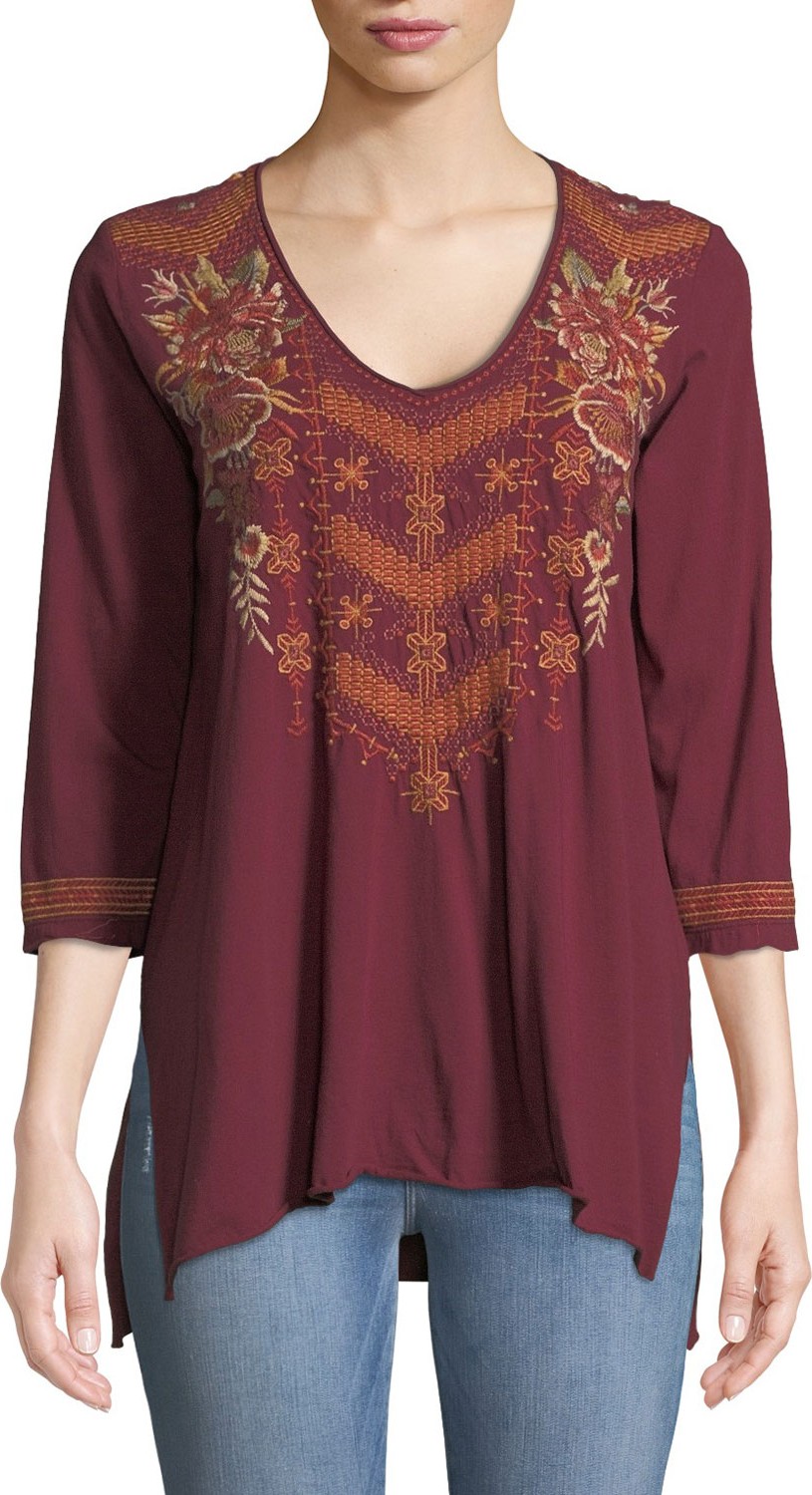 Johnny Was Ellim 3/4-Sleeve Embroidered Drape Knit Top