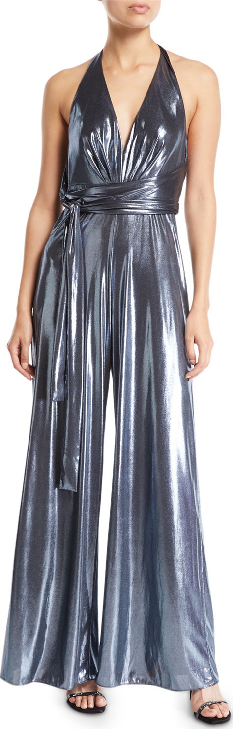 Aidan by Aidan Mattox Metallic Knit Halter Wide-Leg Jumpsuit
