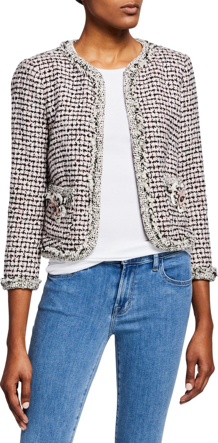 Rebecca Taylor Houndstooth Tweed 3/4-Sleeve Jacket