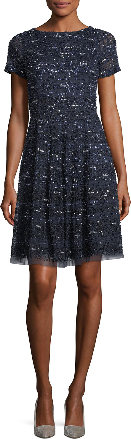Aidan Mattox Short-Sleeve Sequined Cocktail Dress