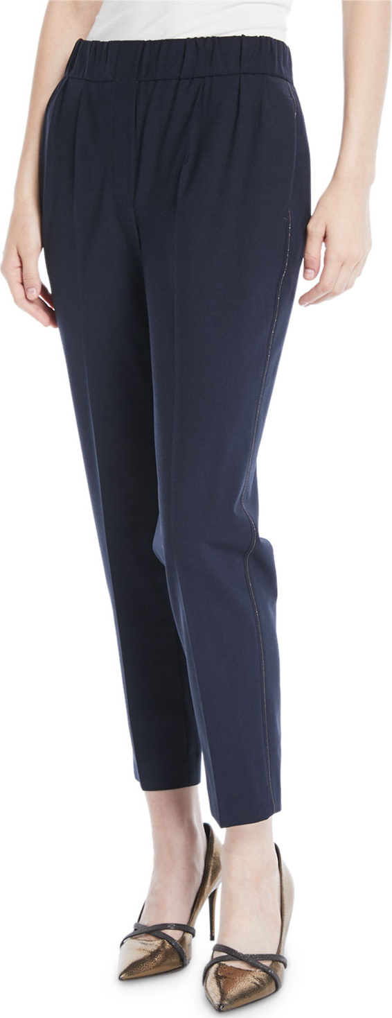 Brunello Cucinelli Lightweight Wool Tapered-Leg Pull-On Pants w/ Monili Trim
