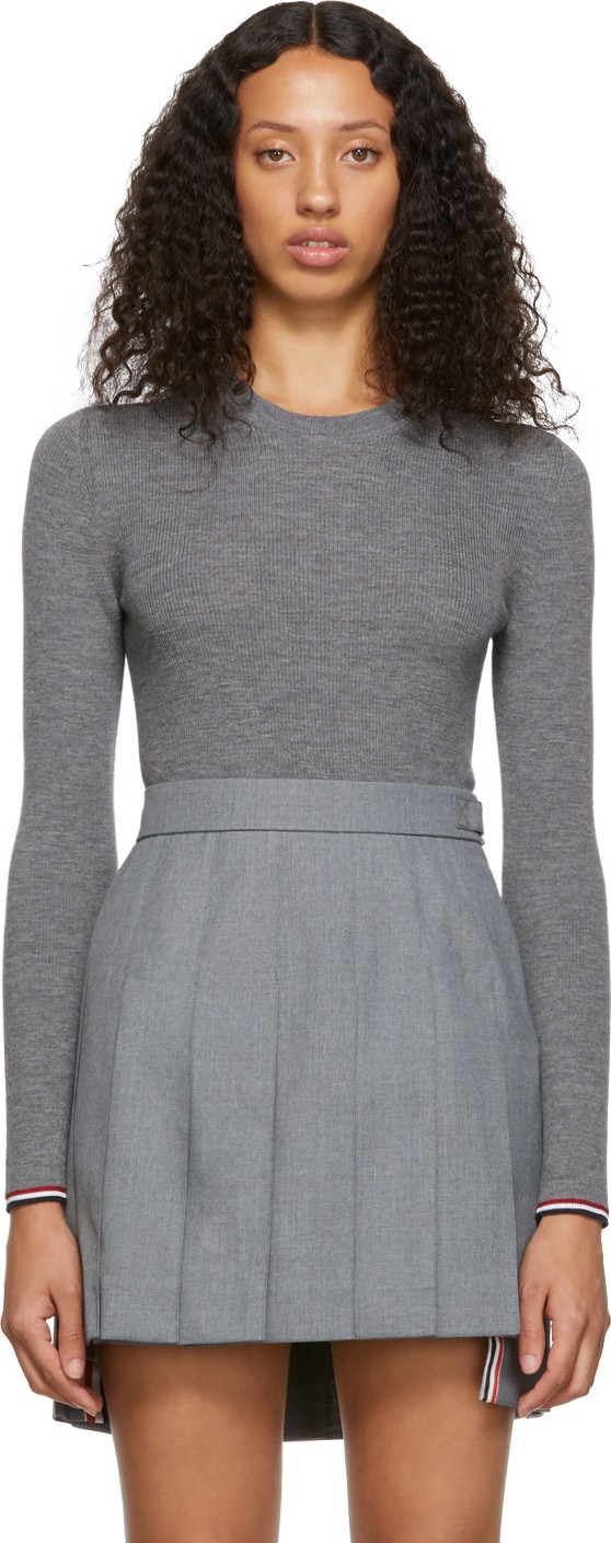 Thom Browne Grey Rib Stitch Tipping Stripe Sweater