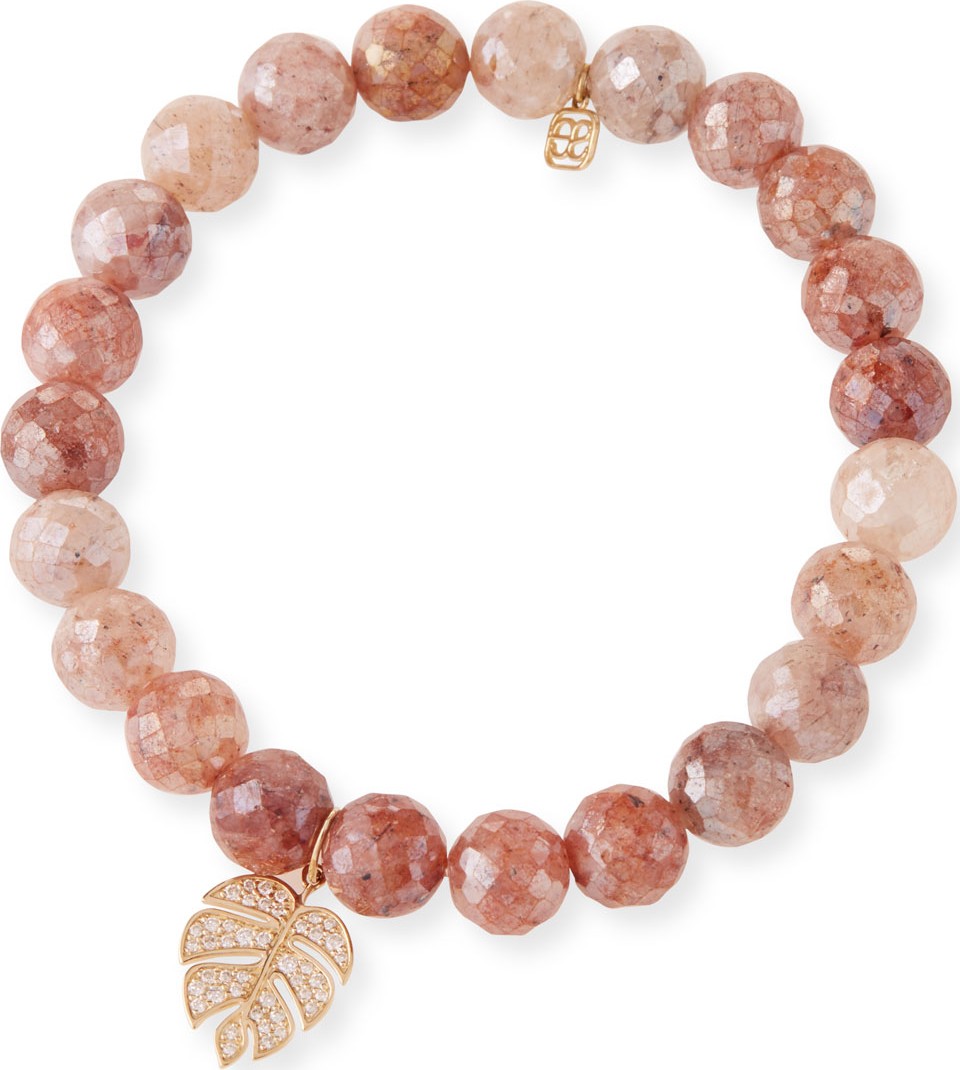 Sydney Evan 14k Diamond Monstera & Strawberry Quartz Bracelet