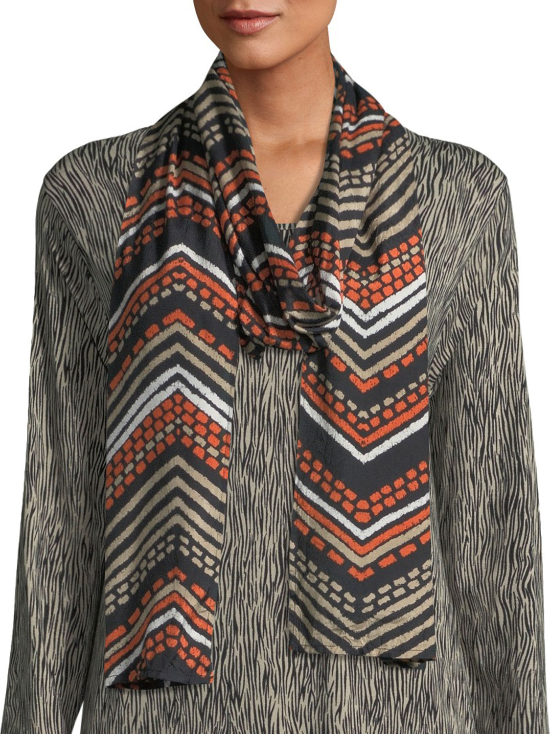 Masai Along Aztec Zigzag-Stripe Shantung Scarf