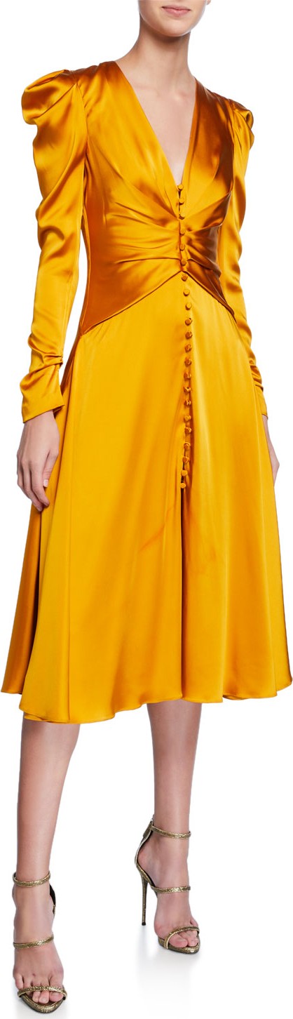 Jonathan Simkhai Ruched-Front V-Neck Long-Sleeve Sateen Dress Jonathan Simkhai Ruched-Front V-Neck Long-Sleeve Sateen Dress