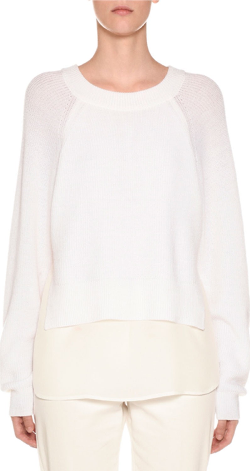 Agnona Crewneck Wool Sweater with Crepe de Chine Slip