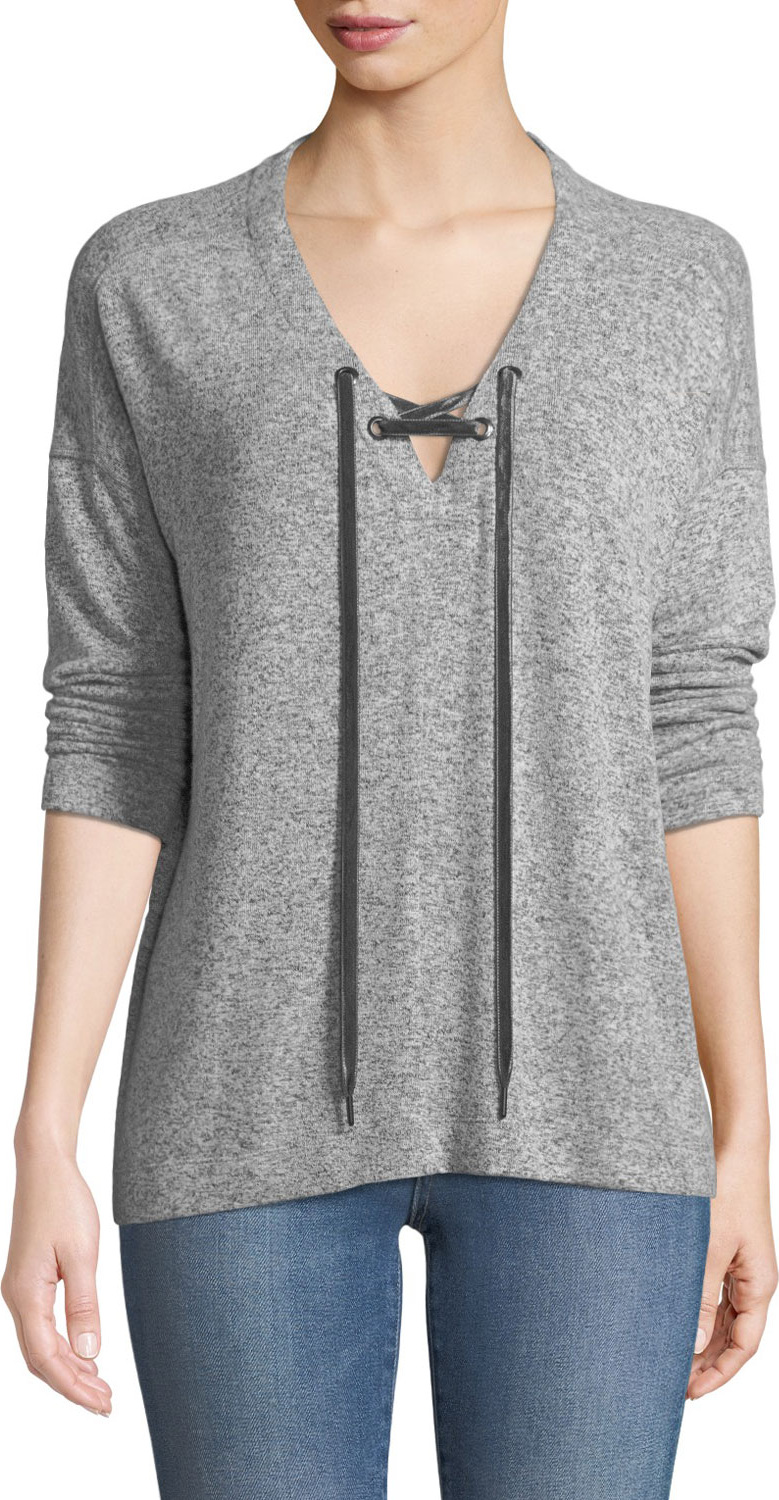 RAILS Leigh V-Neck Velvet-Ties Long-Sleeve Heathered Top