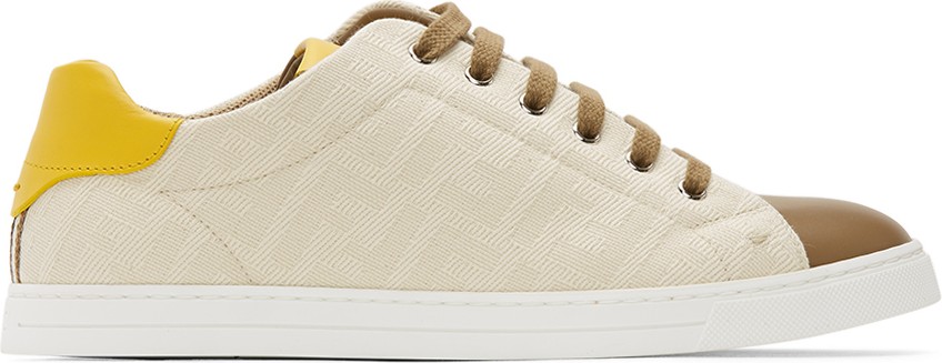 Fendi Beige & Brown Canvas Leather Sneakers