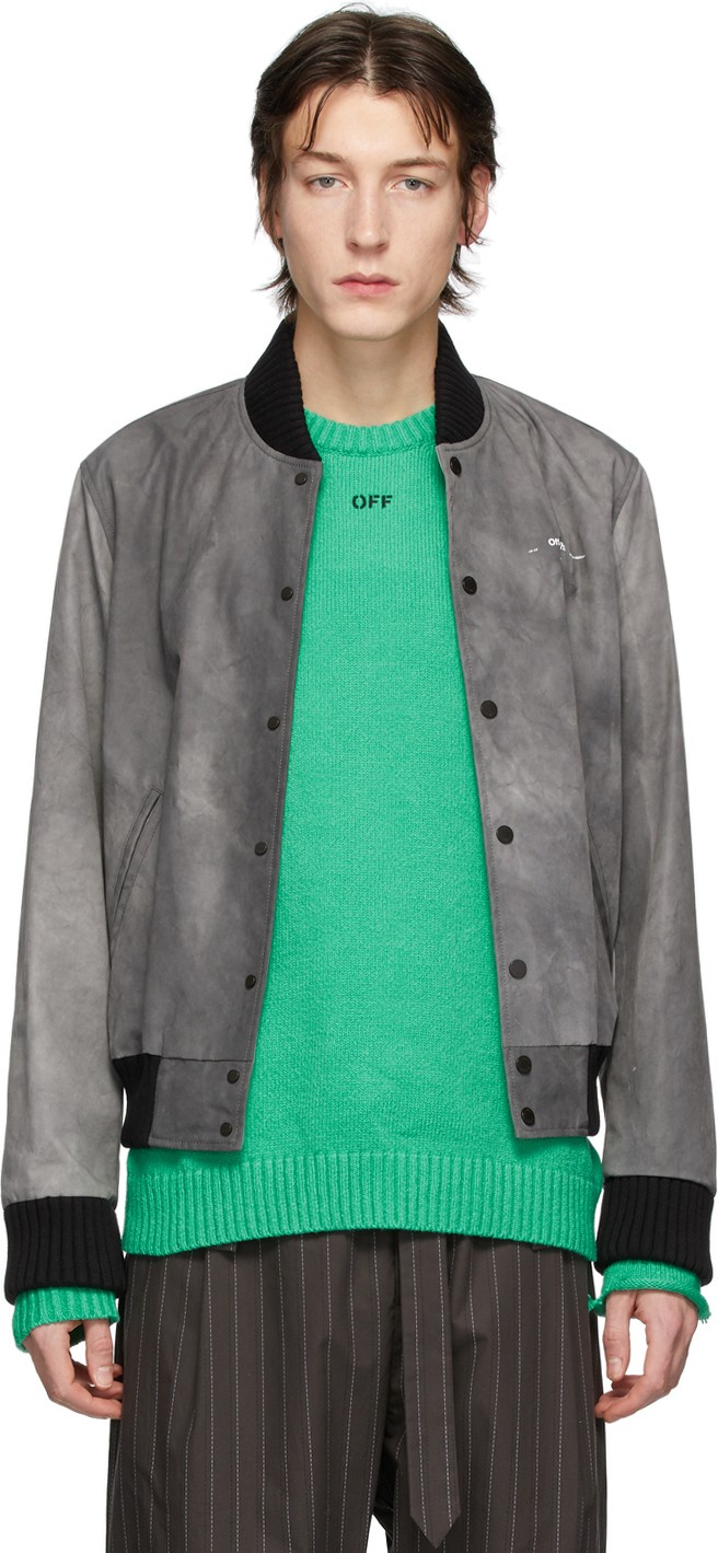 Off White Grey Airport Tape Varsity Jacket