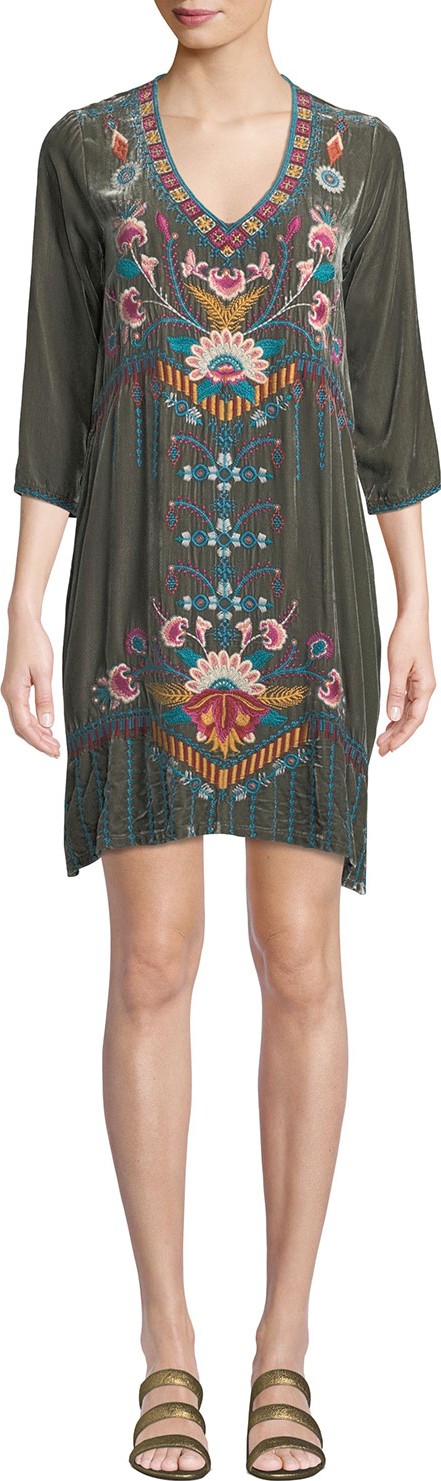 Johnny Was Delphine Embroidered Velvet Tunic Dress