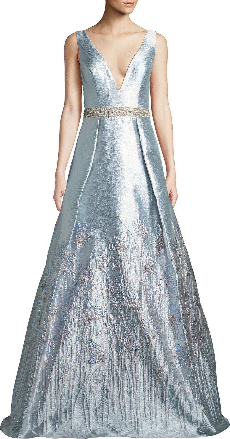 Jovani Sleeveless Plunge-Neck Gown in Metallic Jacquard