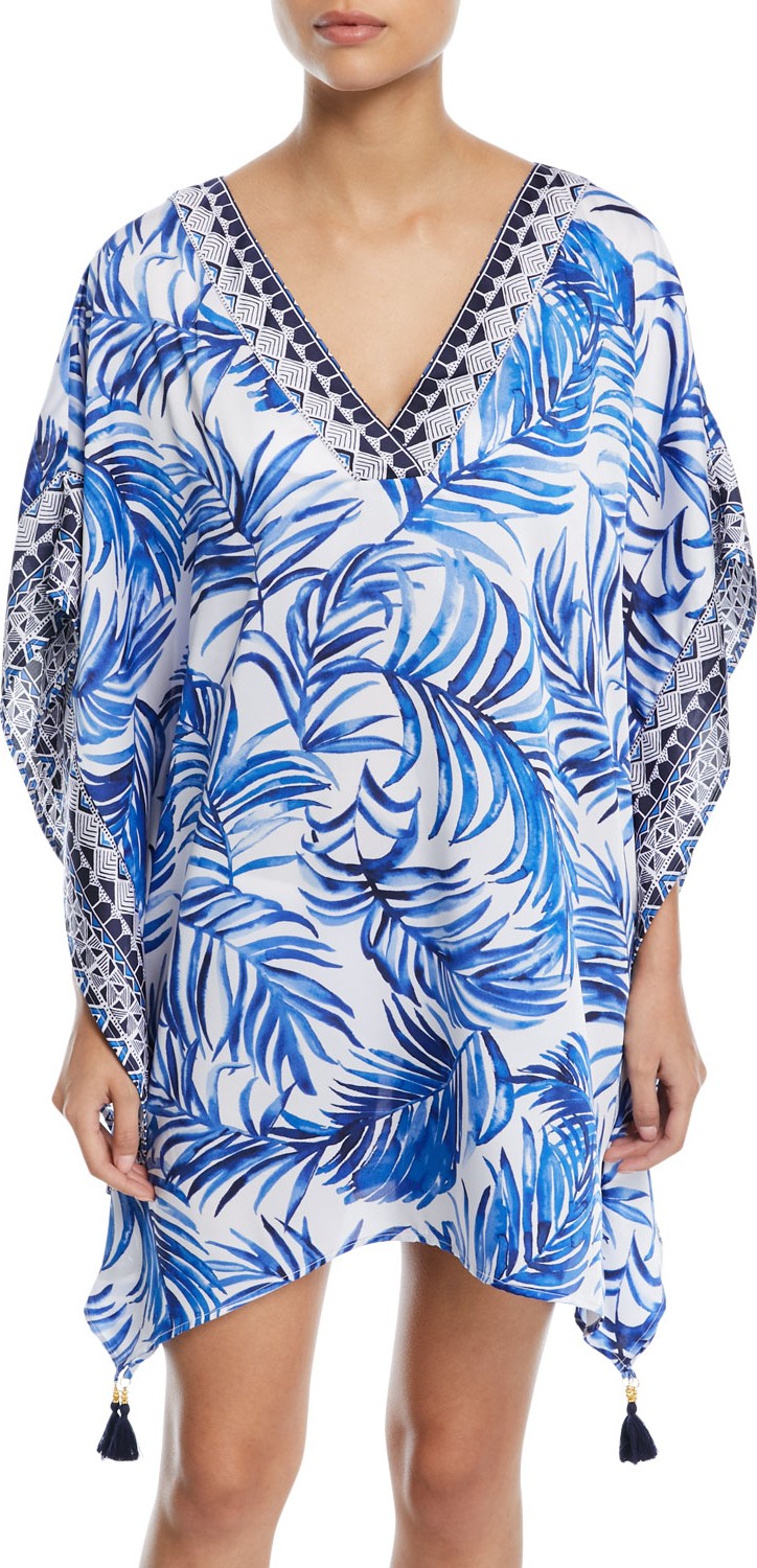 Tommy Bahama Double V-Neck Palm-Printed Tunic with Tassel Ties