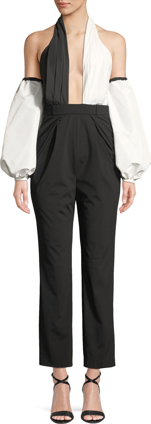 Self Portrait Colorblock Halter Blouson-Sleeve Jumpsuit