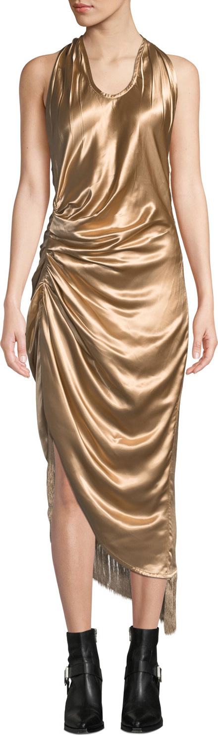 Helmut Lang Gathered Metallic Viscose Cocktail Dress with Fringe