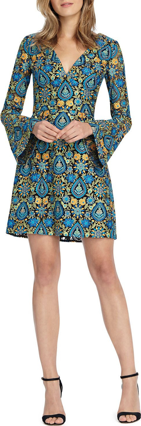 ML Monique Lhuillier Bell-Sleeve Mini Dress w/ V-Neck