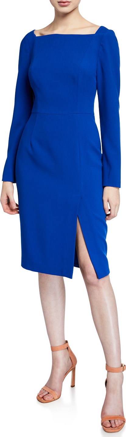 Black Halo Rachel High-Neck Long-Sleeve Sheath Dress with Slit