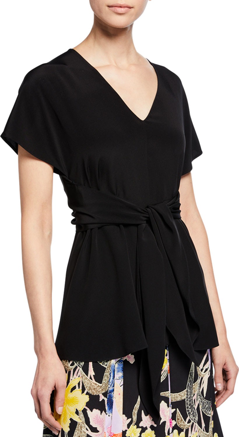 DIANE von FURSTENBERG Lizzie V-Neck Short-Sleeve Tie-Waist Silk Top