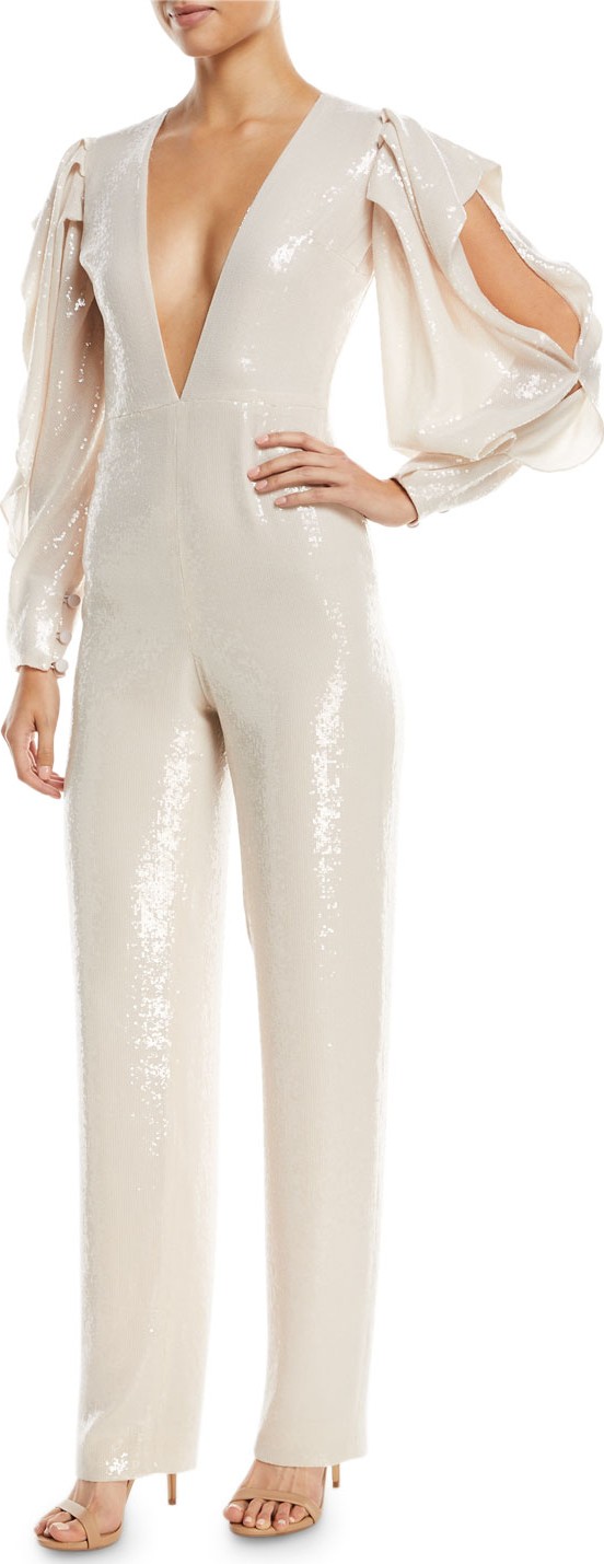 Rubin Singer Plunging Sequined Straight-Leg Jumpsuit with Slit Sleeves