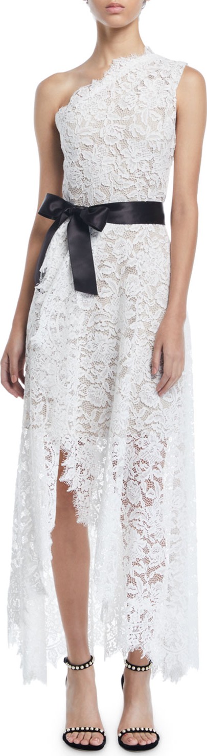 Monique Lhuillier One-Shoulder Faux-Wrap Floral Corded Lace Cocktail Dress