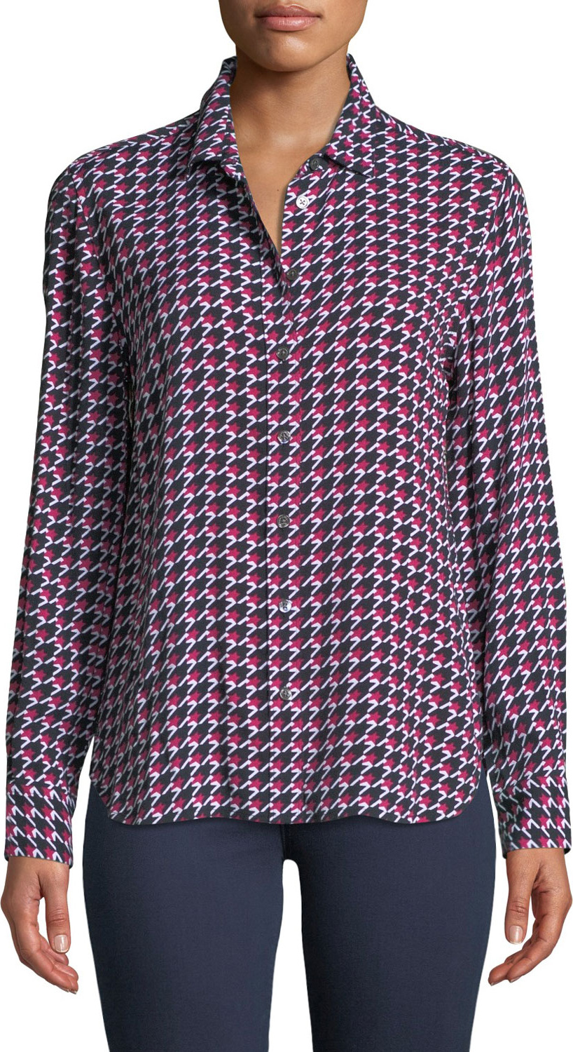 Equipment Leema Long-Sleeve Button-Front Houndstooth Blouse