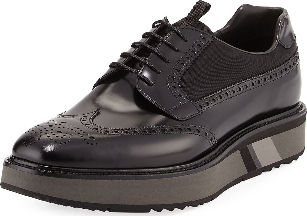 Prada Spazzolato Leather Platform Brogue Sneaker, Black