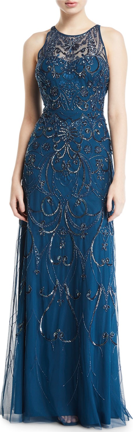 Aidan Mattox Embroidered Halter Gown with Beading
