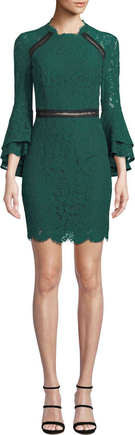 Bardot High-Neck Ruffle-Sleeve Lace  Body-Con Dress