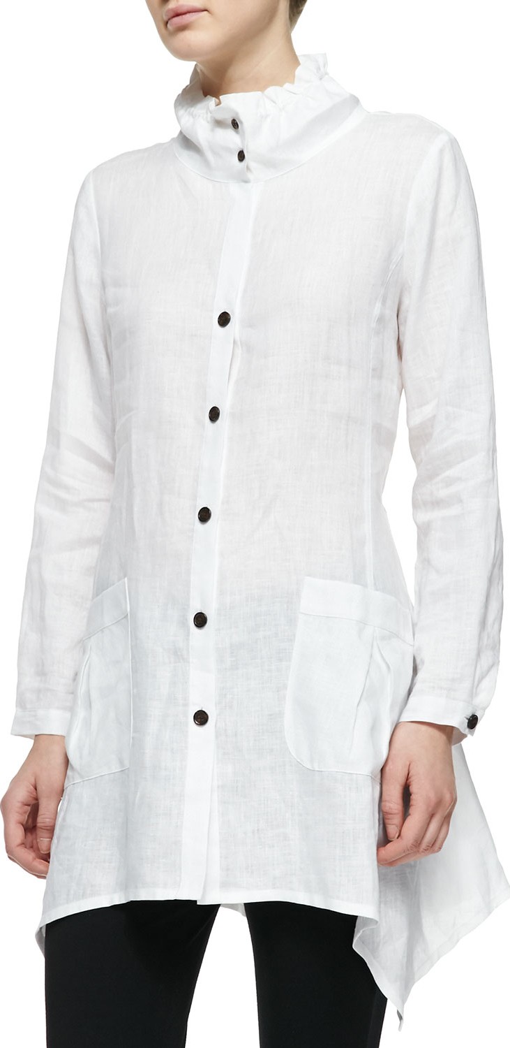 Go Silk Ruffle-Collar Linen Drama Big Shirt