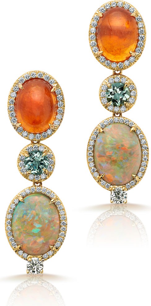 Pamela Huizenga 18k Gold Linear 3-Stone Drop Earrings w/ Diamonds