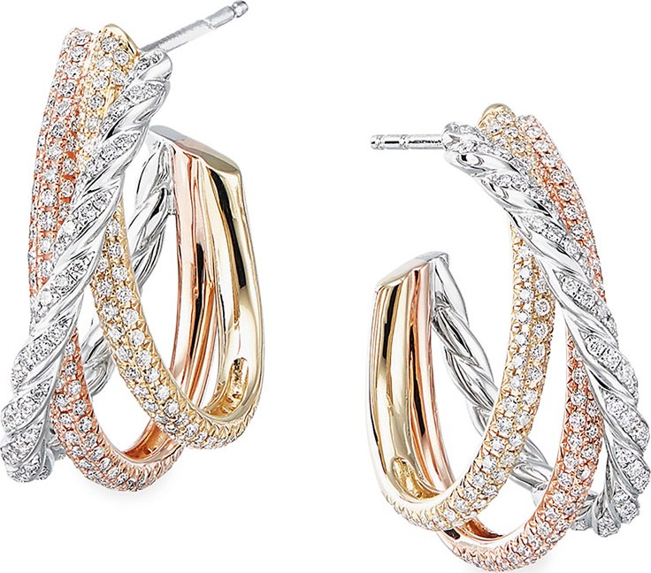 David Yurman Pave Flex 18k Gold Tricolor Diamond Shrimp Earrings