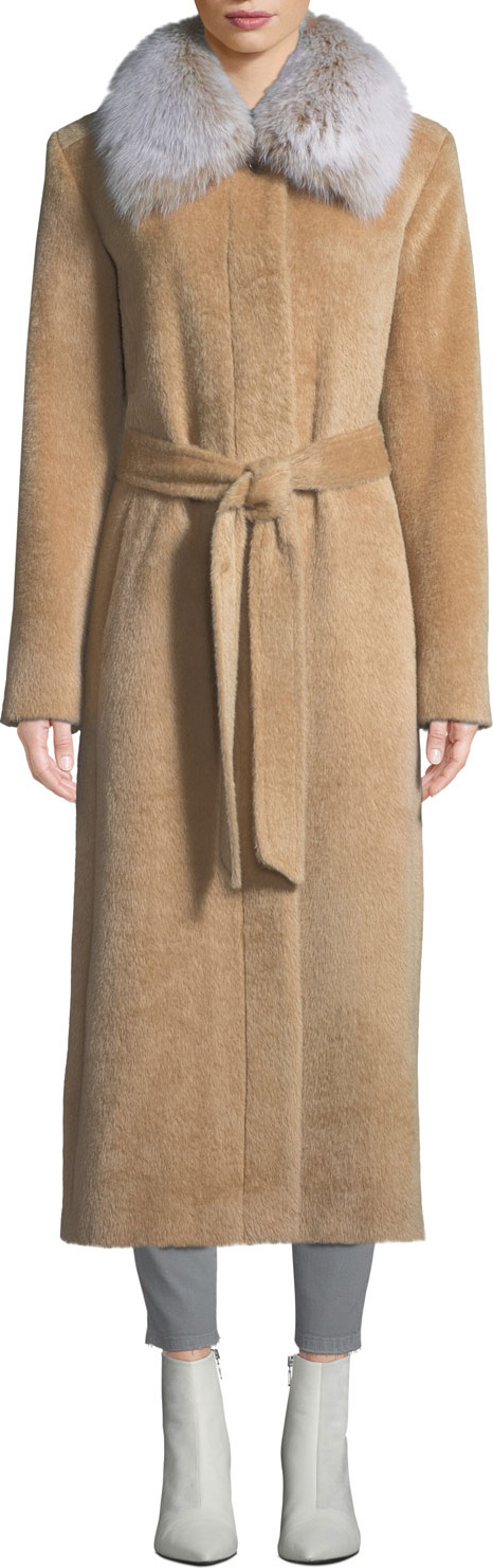 Sofia Cashmere Long Fur-Collar Belted Coat