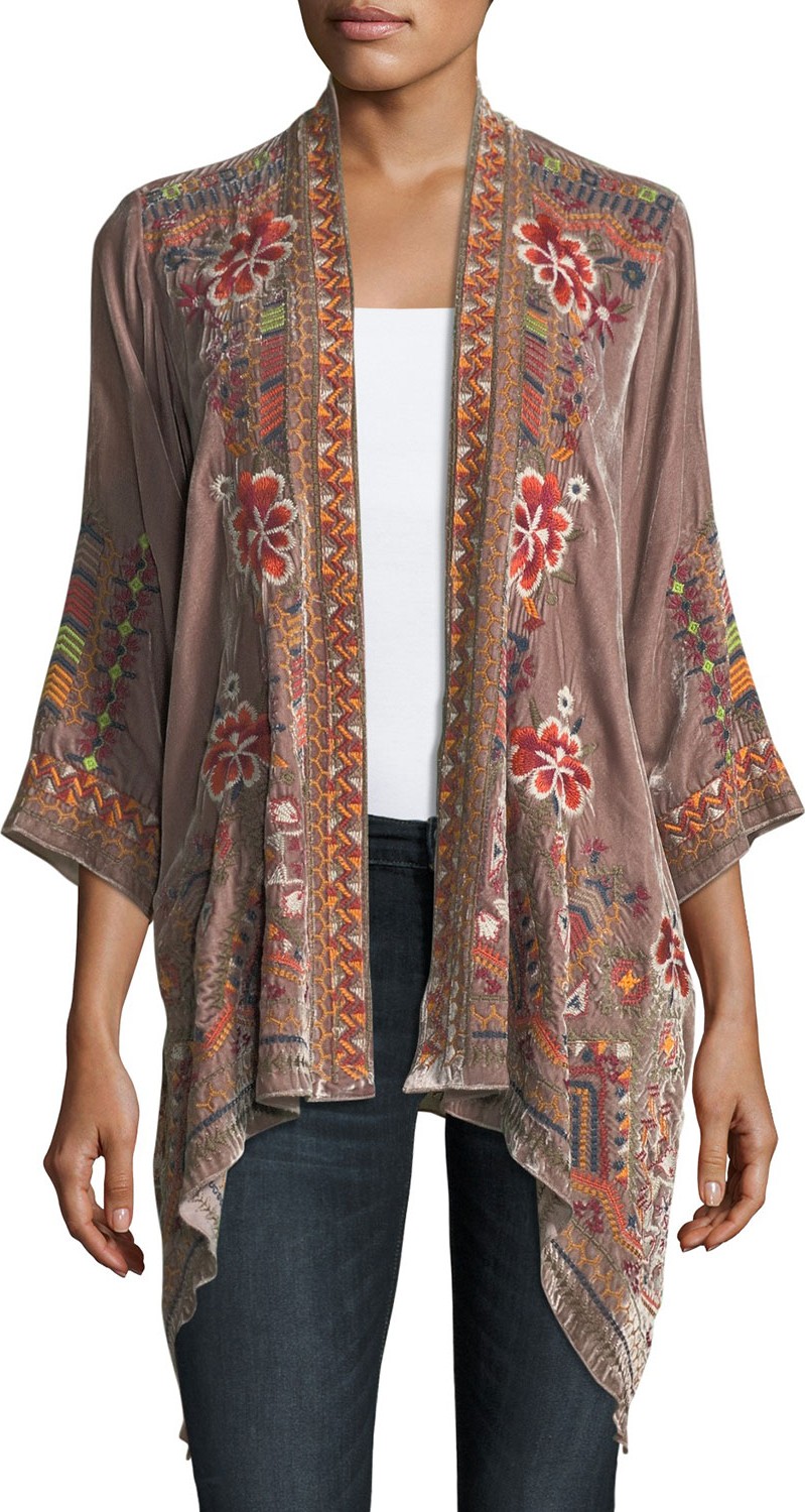 Johnny Was Waleska Draped Embroidered Velvet Cardigan