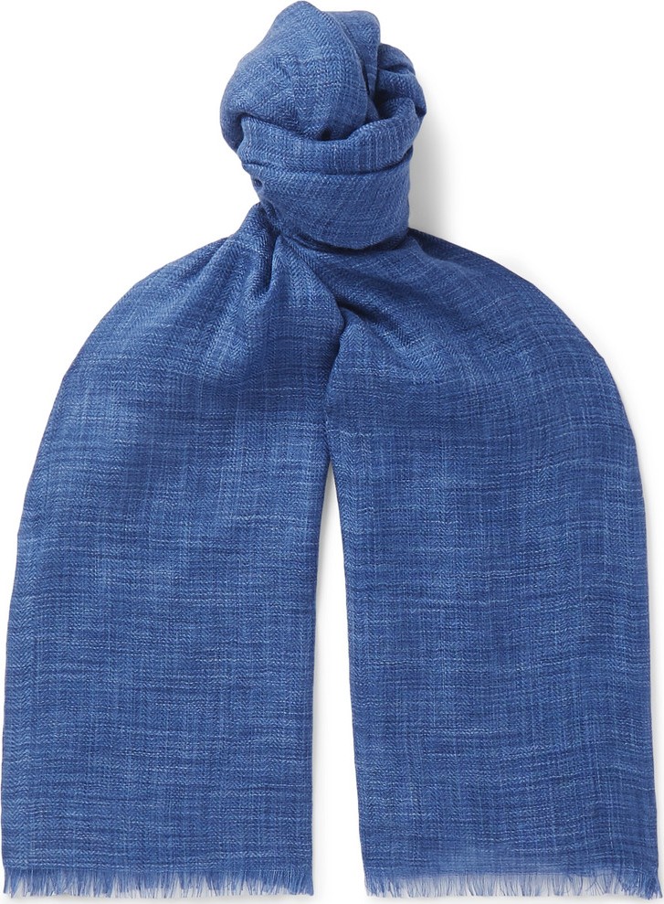 Loro Piana Brina Fringed Herringbone Mélange Cashmere and Silk-Blend Scarf
