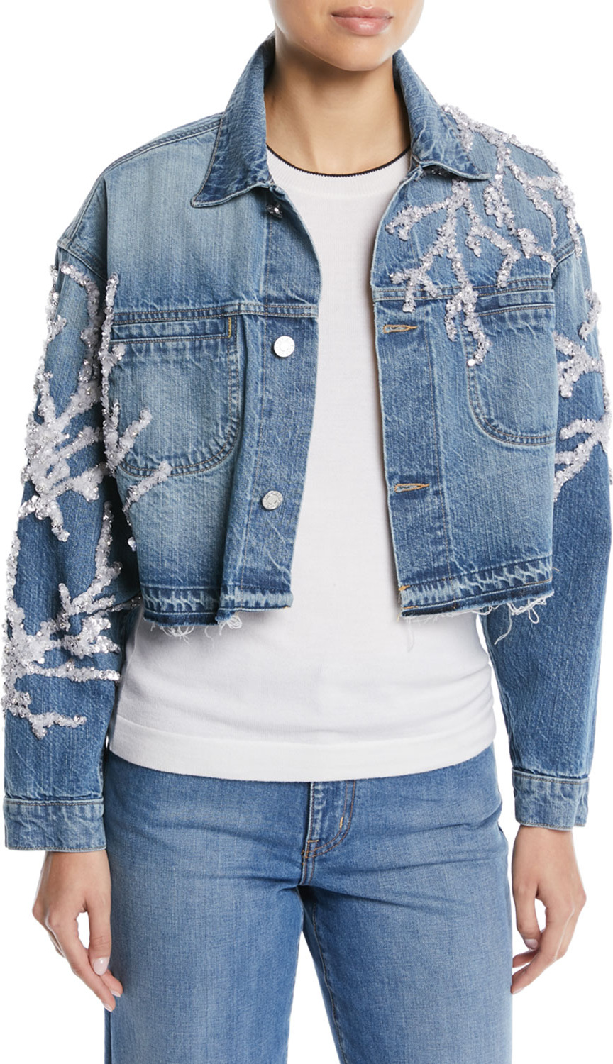 Oscar De La Renta Button-Down Cropped Beaded Coral Denim Jacket